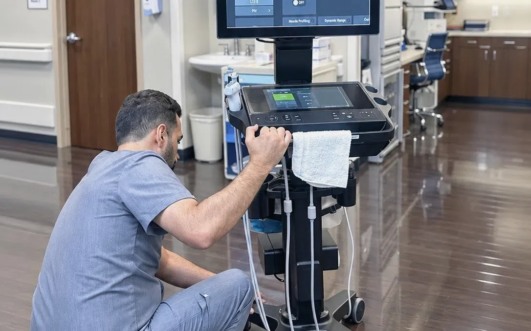 Technician servicing an ultrasound system