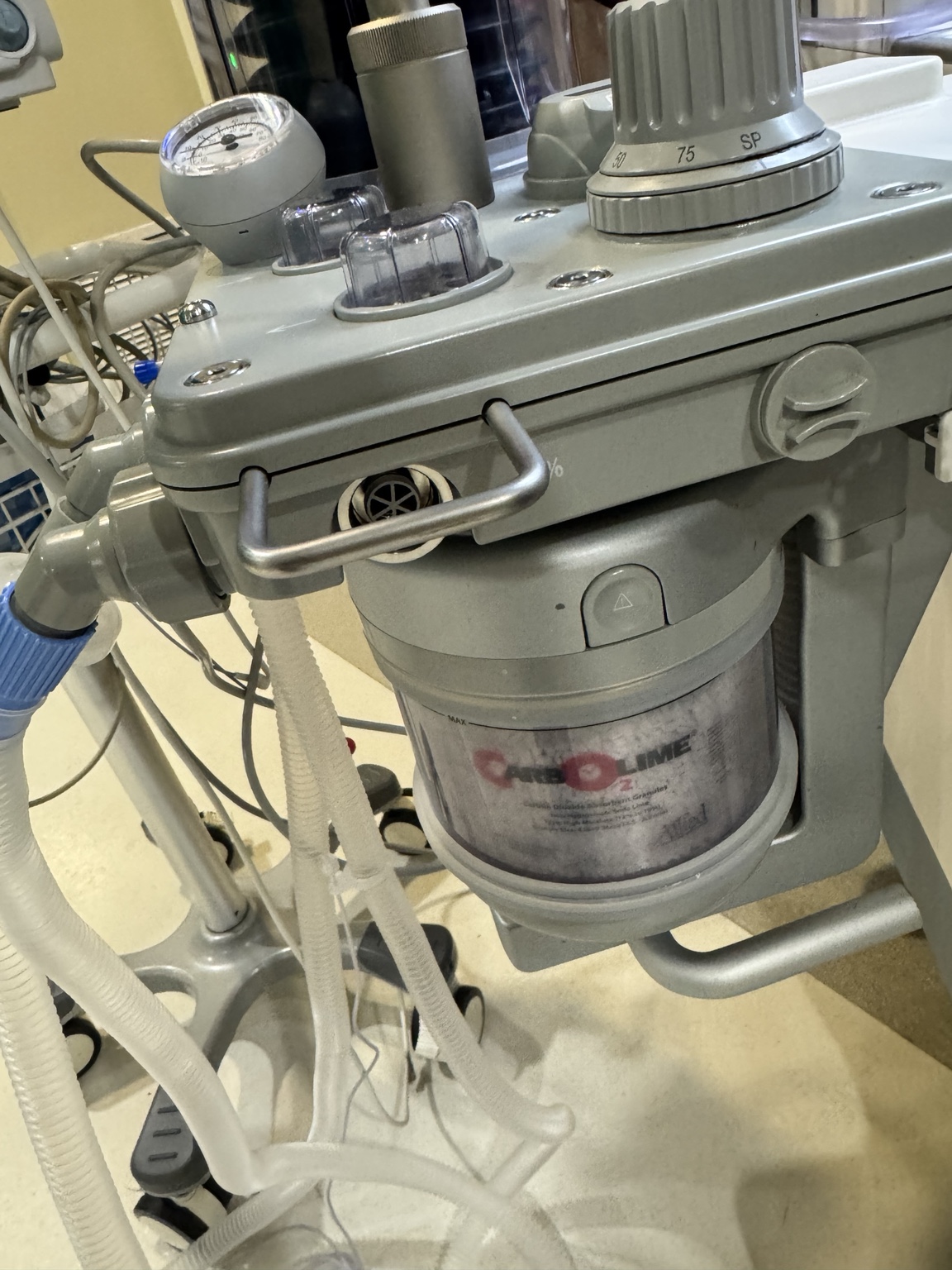 Close view of an anesthesia breathing assembly and absorber canister