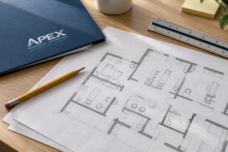 Illustrative planning desk with a conceptual clinic floor plan, ruler, pencil and Apex folder