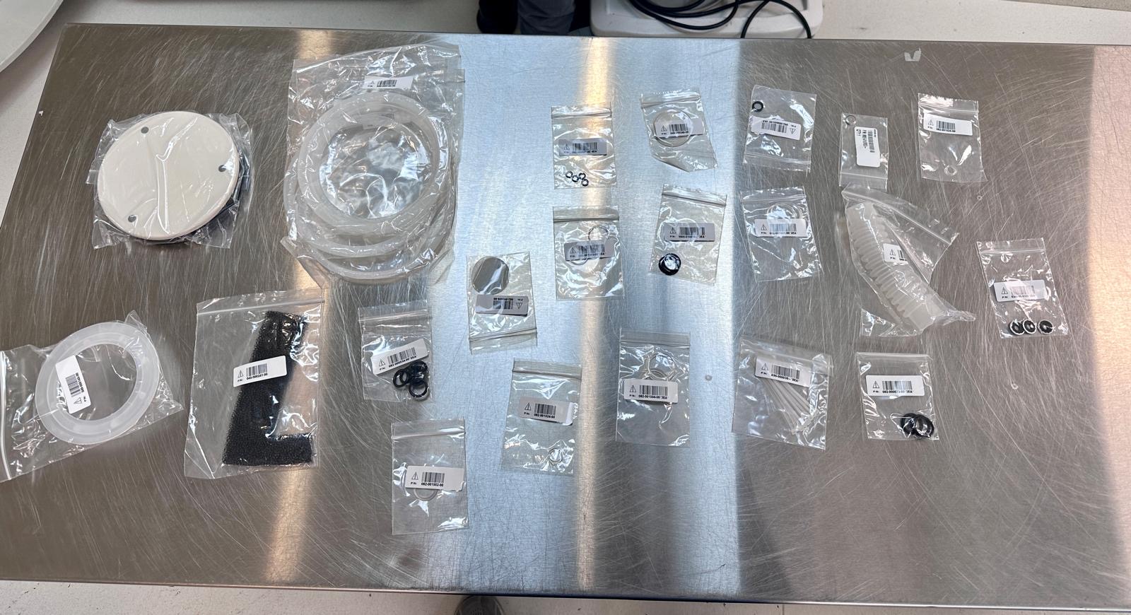 Components of a Mindray A3/A5 preventive-maintenance kit laid out on a work surface