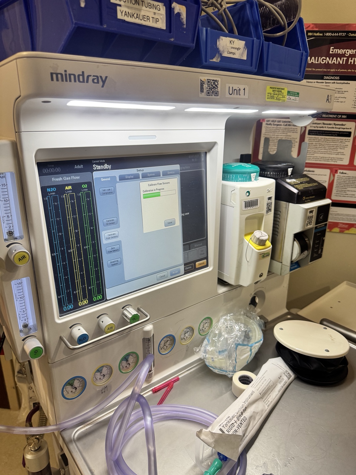 Mindray A3 screen showing Calibrate Flow Sensors and Calibration in Progress