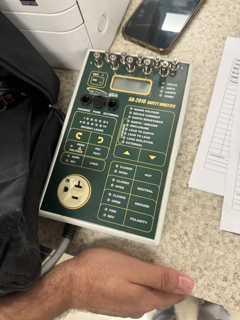 SA-2010 electrical safety analyzer on a biomedical service workbench