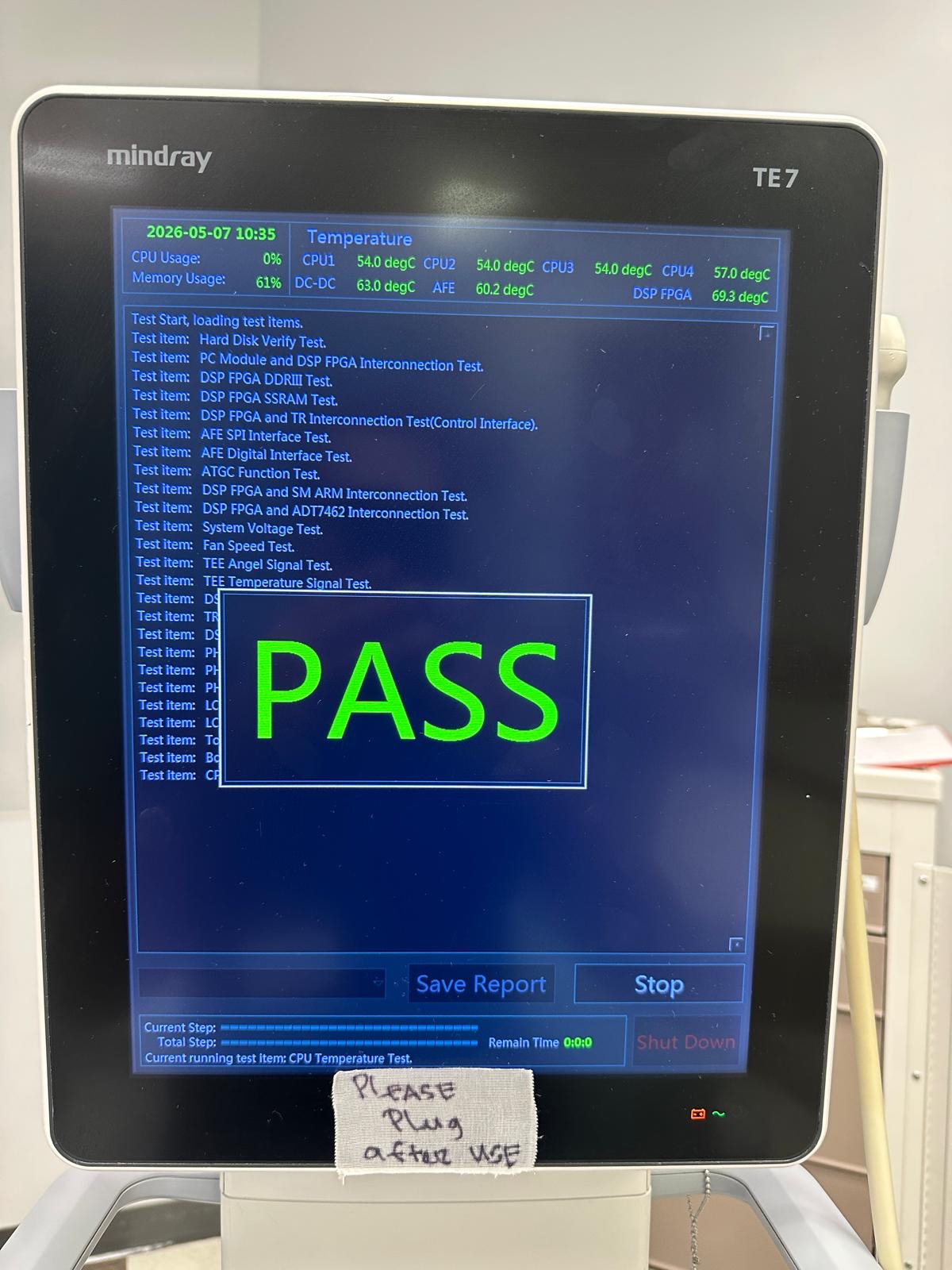 Mindray TE7 system diagnostic display showing PASS.
